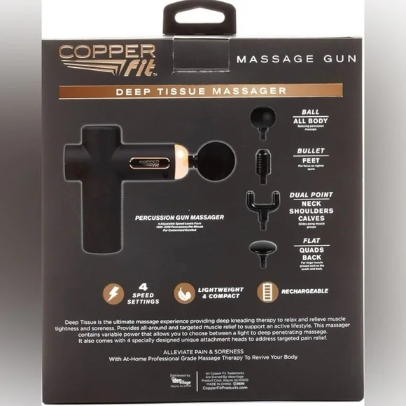Copper Fit Unisex Adult Massage Gun, Rechargeable with 4 Massage Attachments - Picture 2 of 8